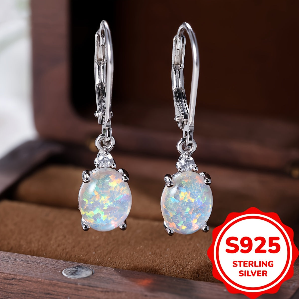 Pair of S925 Sterling Silver Dangle Earrings with Round-Cut Green Fire Opal - Vintage Boho Style, Rhodium Plated, 2.2g, Perfect for Daily Wear & Parties, Party Jewelry|Vintage Boho Style|Rhodium Plated Earrings