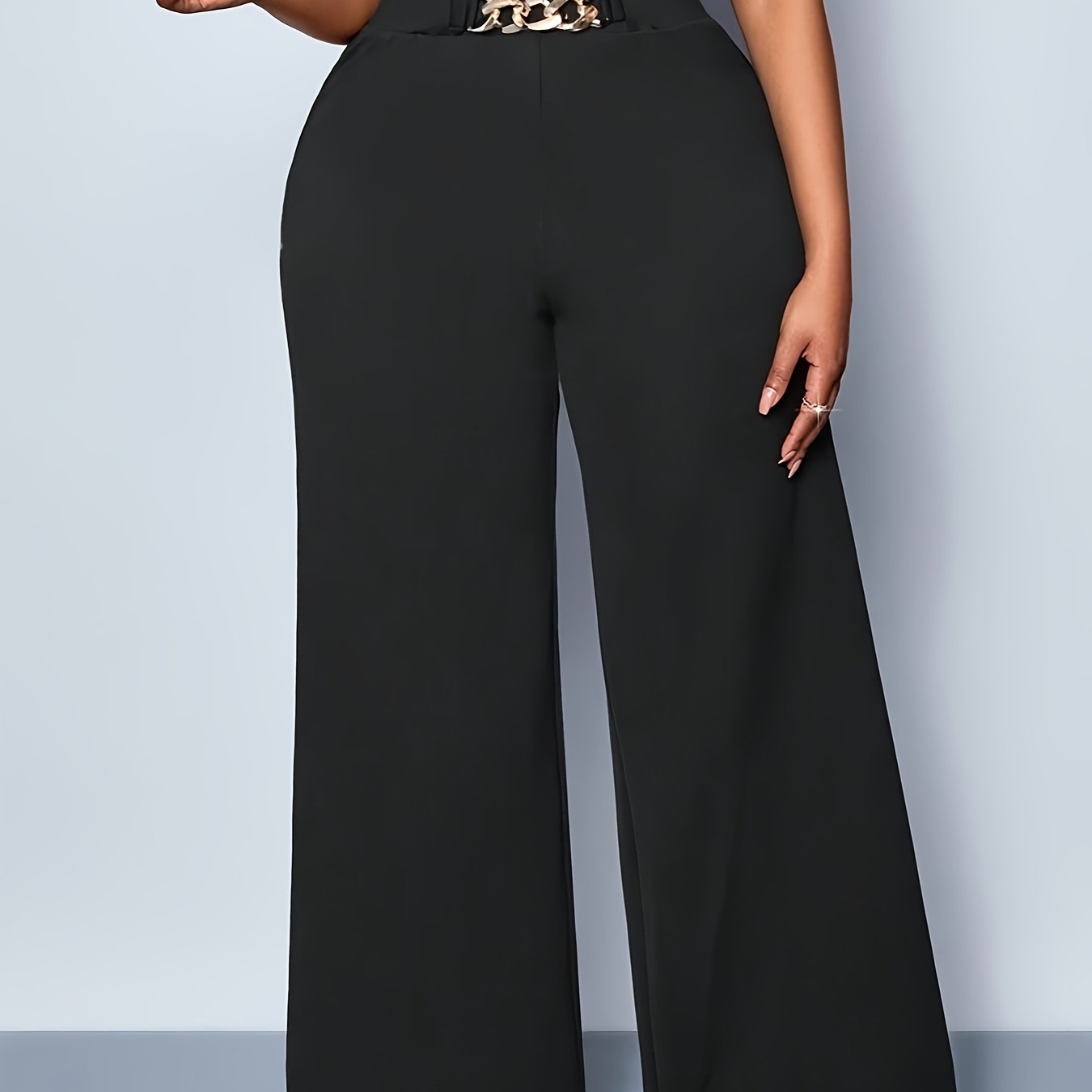 Plus Size, Plus Size Women's High-Waisted Wide-Leg Pants - Stretchy All-Season Trousers, Machine Washable Elegant Solid Color Black Casual to Formal Wear, High Waist Pants, Versatile Clothing, Highelastic Fabric