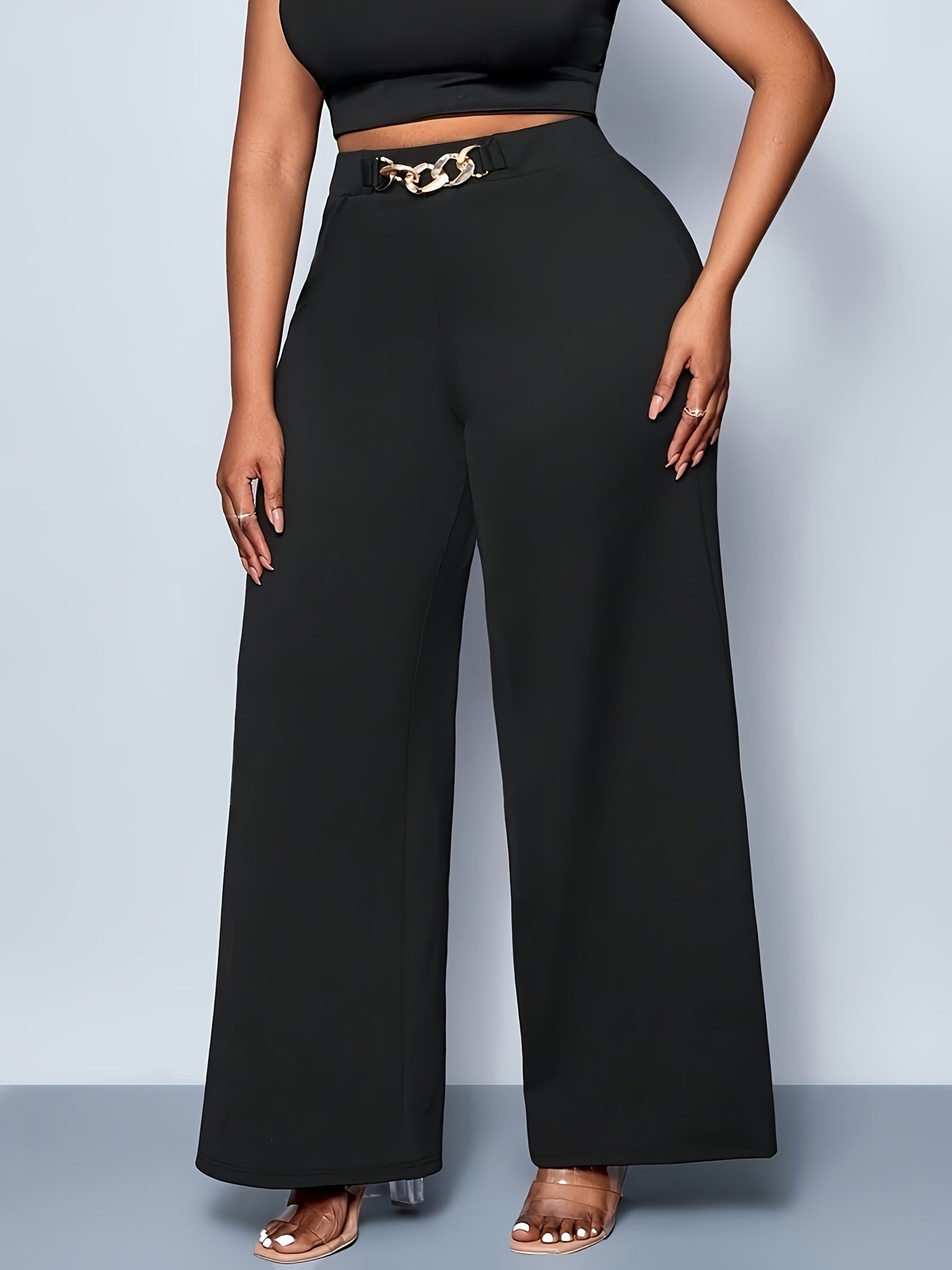 Plus Size, Plus Size Women's High-Waisted Wide-Leg Pants - Stretchy All-Season Trousers, Machine Washable Elegant Solid Color Black Casual to Formal Wear, High Waist Pants, Versatile Clothing, Highelastic Fabric