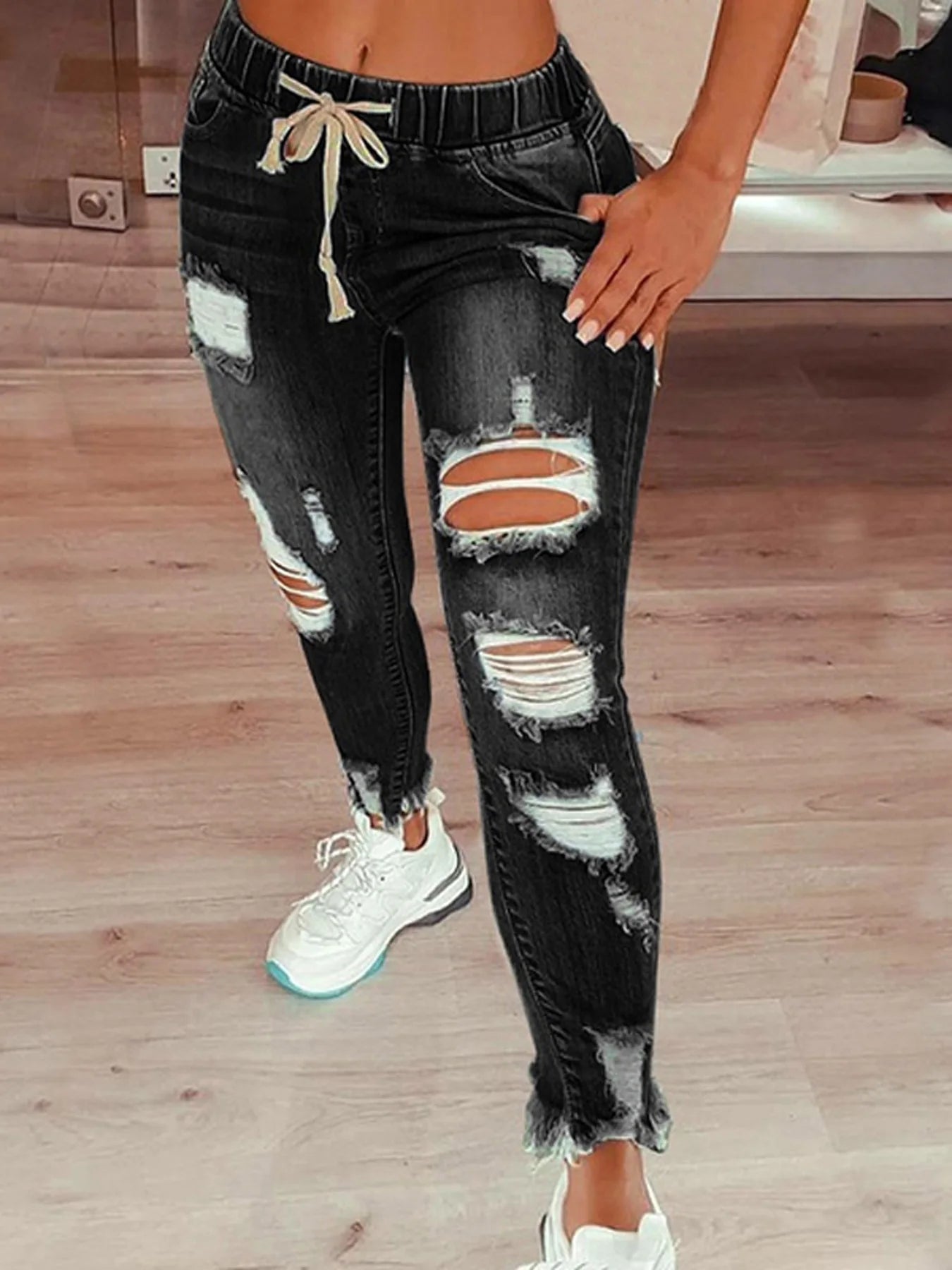 Women's Stretchy Ripped Skinny Jeans High Wasted Boyfriend Distressed Denim Pants Leggings