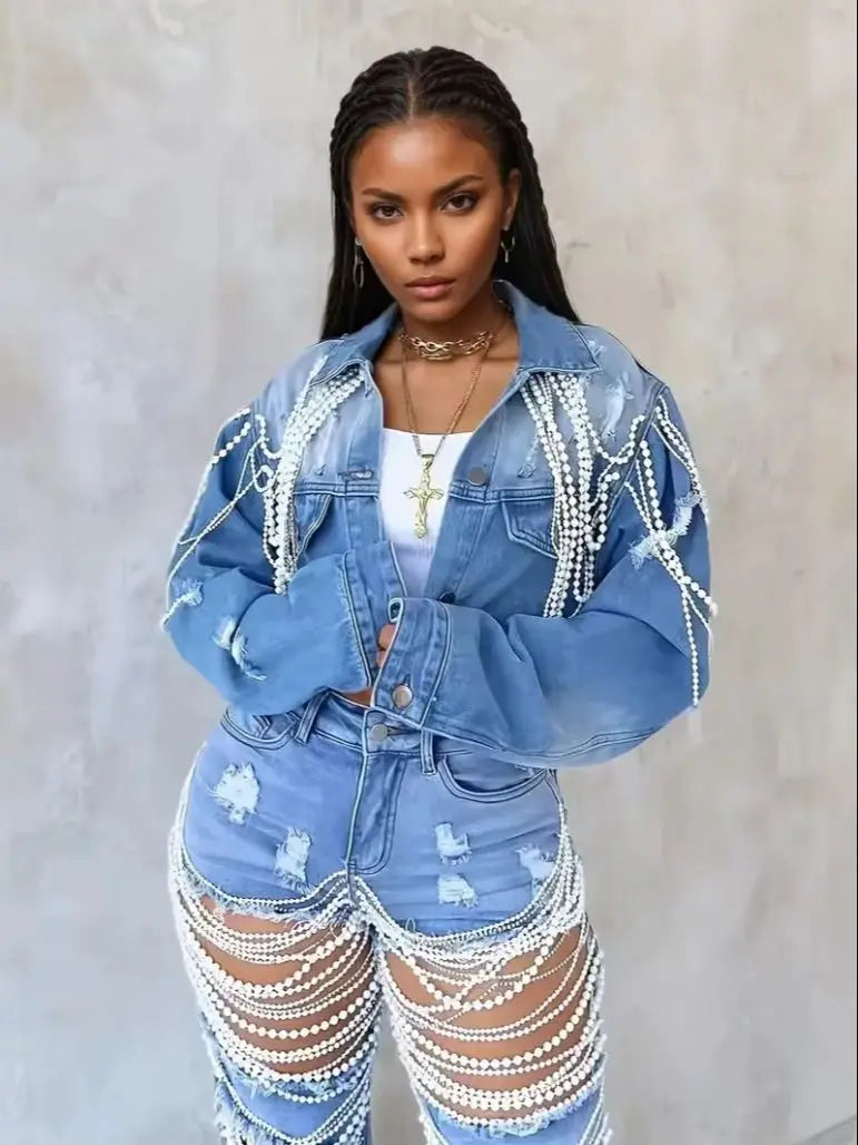 Women's Embroidered Denim Jacket with Pearl Chains, Handmade Beaded Casual Jacket Coat for Women Streetwear Spring/Summer Fashio