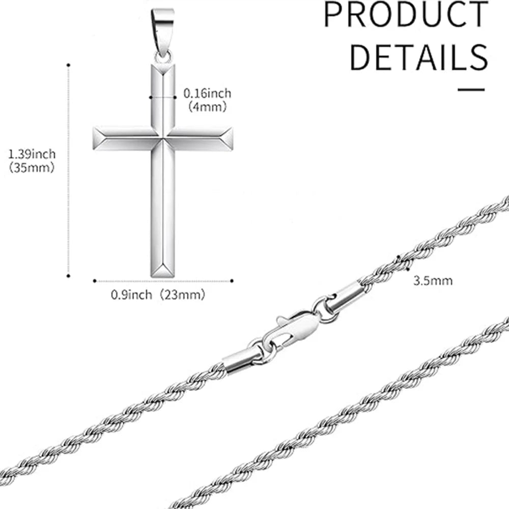 925 Sterling Silver Cross Necklace for Men with 3.5mm 925 sterling silver Twist Clasp Rope Chain   Cross Pendant Necklace