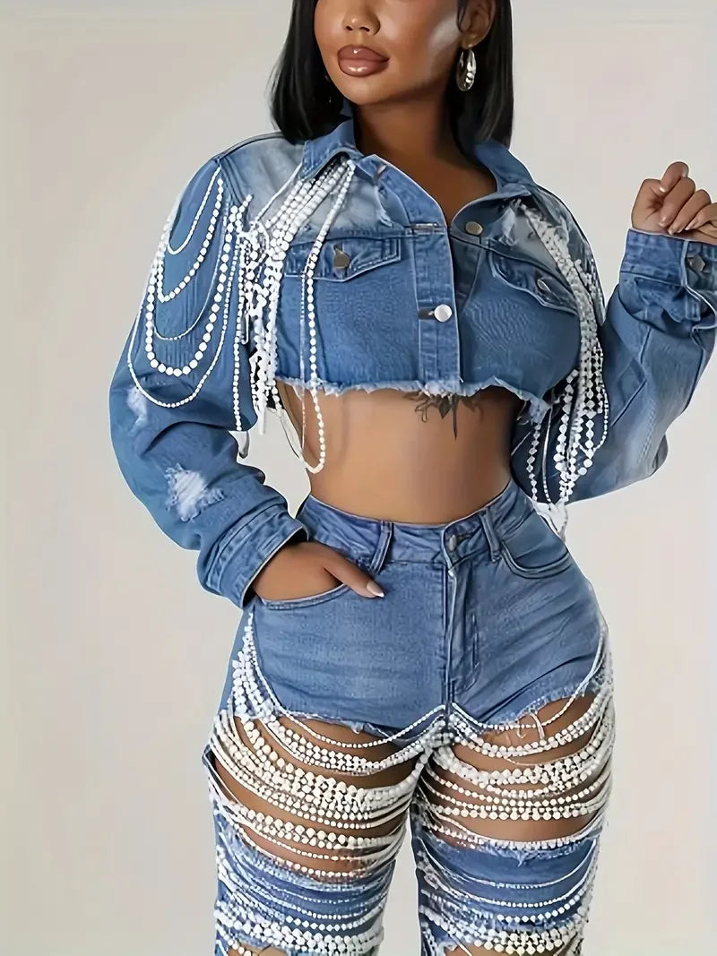 Women's Embroidered Denim Jacket with Pearl Chains, Handmade Beaded Casual Jacket Coat for Women Streetwear Spring/Summer Fashio