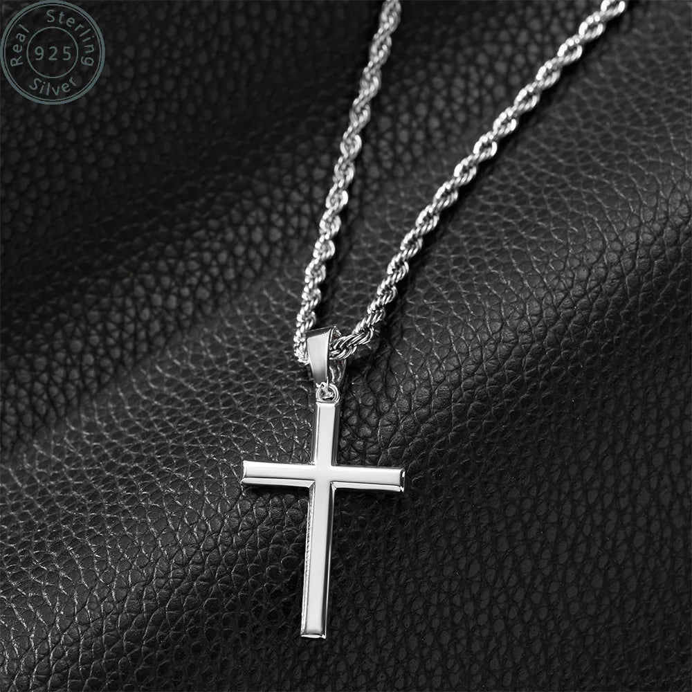 925 Sterling Silver Cross Necklace for Men with 3.5mm 925 sterling silver Twist Clasp Rope Chain   Cross Pendant Necklace