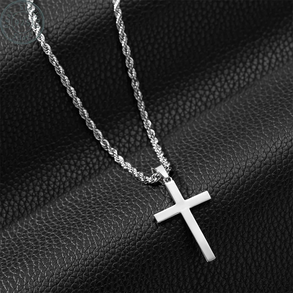 925 Sterling Silver Cross Necklace for Men with 3.5mm 925 sterling silver Twist Clasp Rope Chain   Cross Pendant Necklace