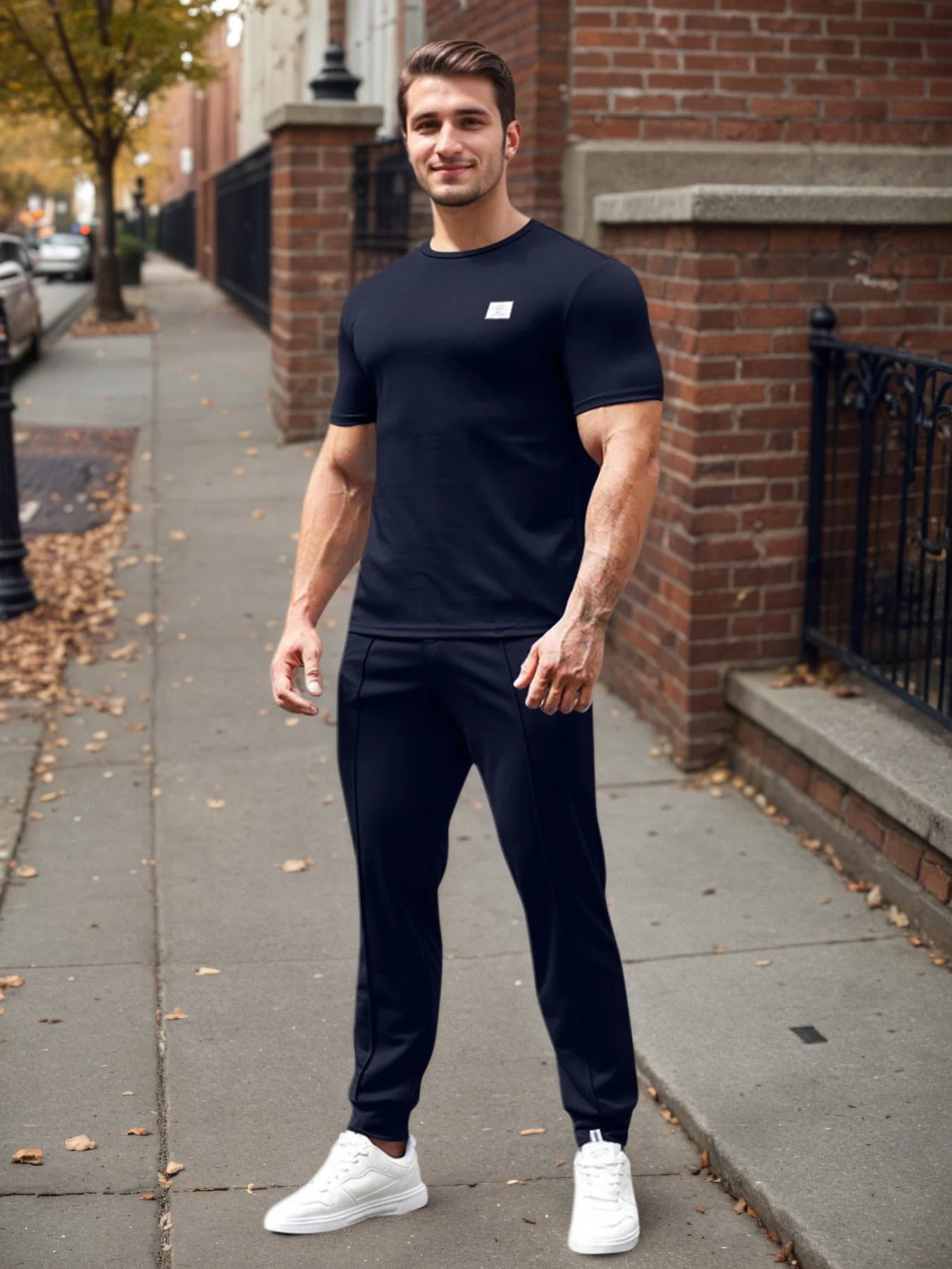 Men's 2-piece short-sleeved round neck summer T-shirt and casual cuffed trousers sports suit Men's trousers and tops casual suit