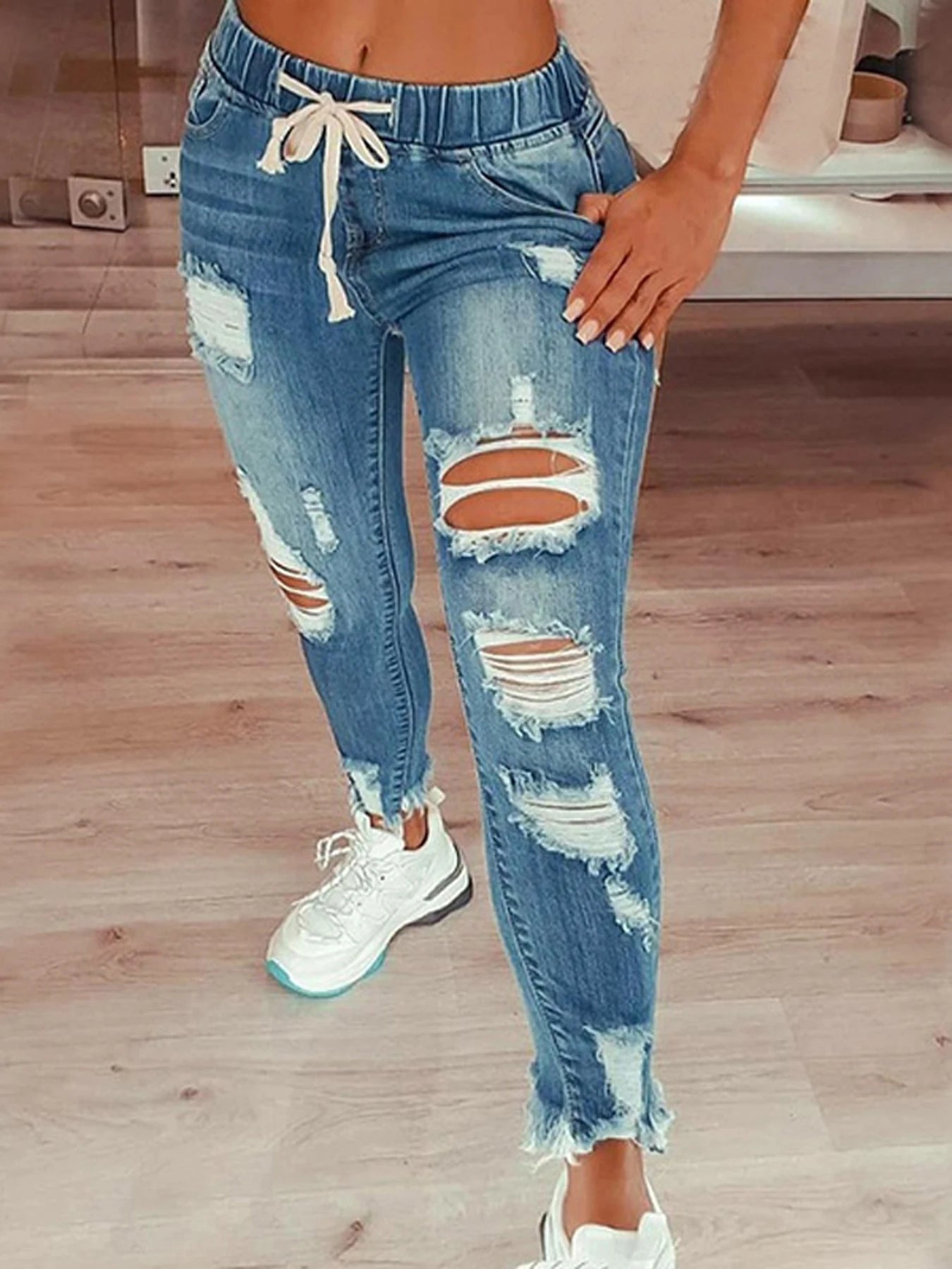 Women's Stretchy Ripped Skinny Jeans High Wasted Boyfriend Distressed Denim Pants Leggings