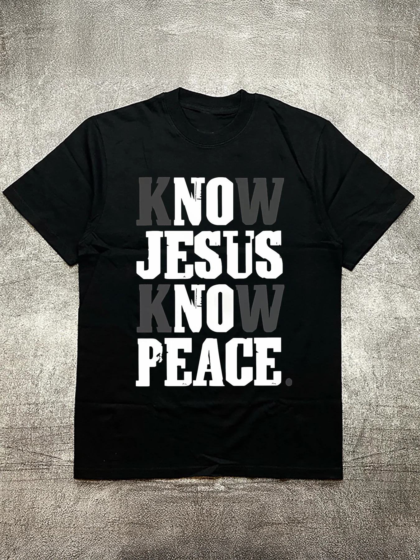 220g cotton men's black T - shirt, with the text "Know Jesus Know Peace", religious - themed