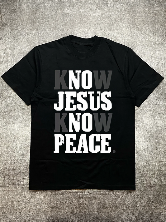 220g cotton men's black T - shirt, with the text "Know Jesus Know Peace", religious - themed