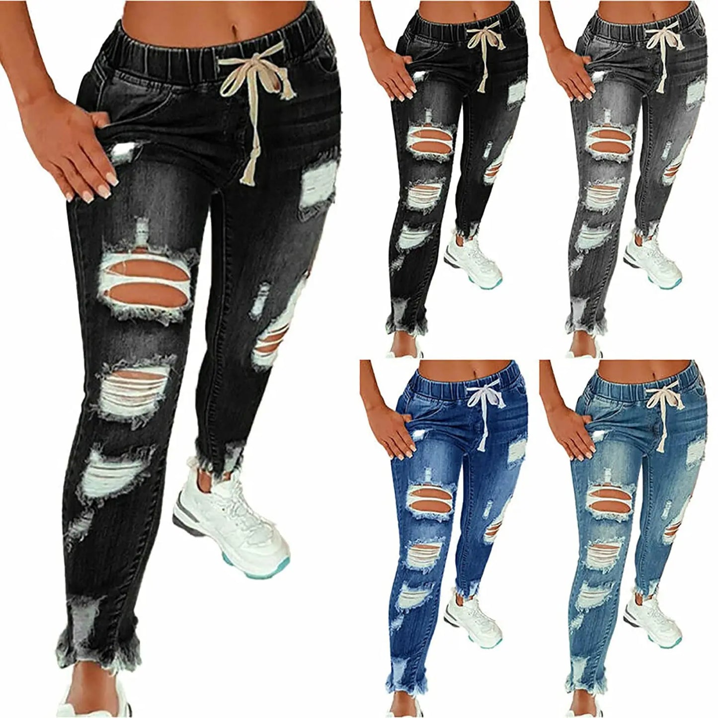 Women's Stretchy Ripped Skinny Jeans High Wasted Boyfriend Distressed Denim Pants Leggings