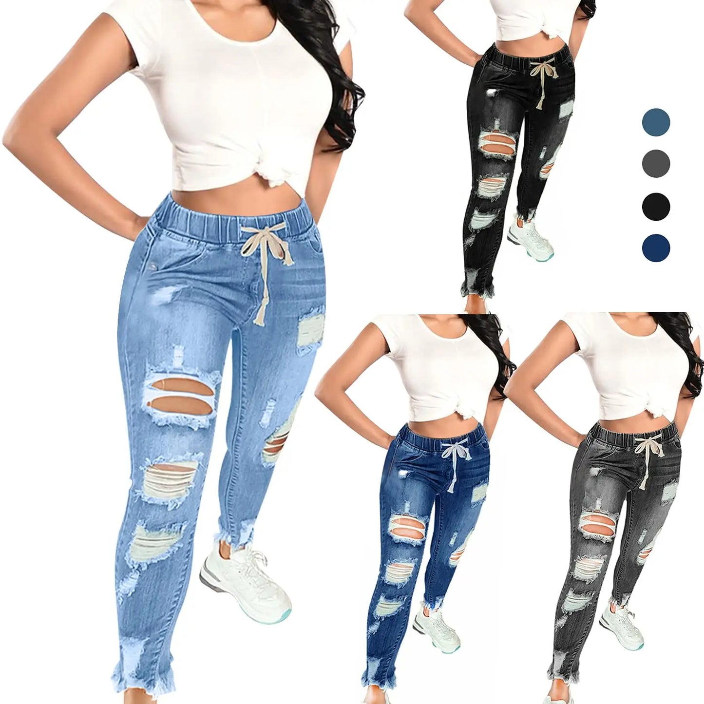 Women's Stretchy Ripped Skinny Jeans High Wasted Boyfriend Distressed Denim Pants Leggings
