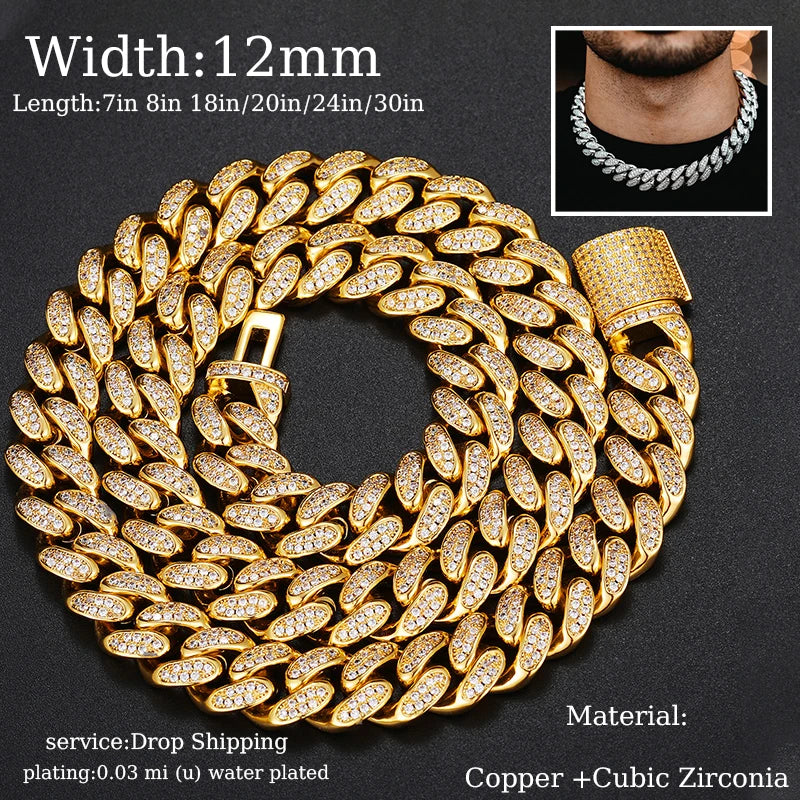 TUHE Hip Hop Iced Out 8MM 14MM 20MM Full Miami Curb Cuban Chain Bling CZ Rapper Necklaces For Men Punk Jewelry High Quality Gift