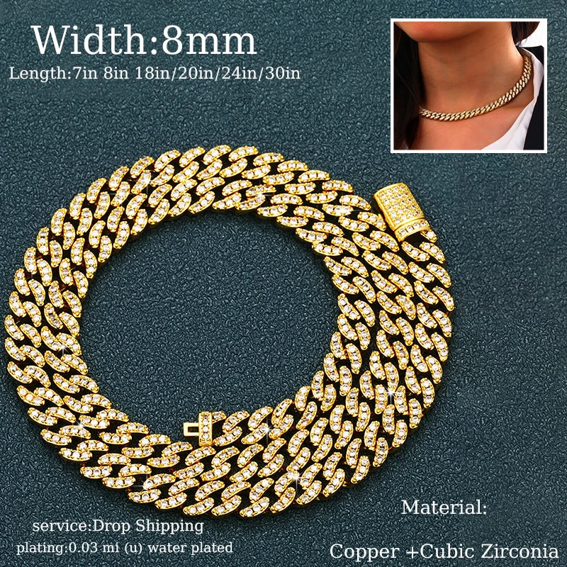 TUHE Hip Hop Iced Out 8MM 14MM 20MM Full Miami Curb Cuban Chain Bling CZ Rapper Necklaces For Men Punk Jewelry High Quality Gift