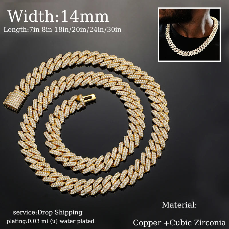 TUHE Hip Hop Iced Out 8MM 14MM 20MM Full Miami Curb Cuban Chain Bling CZ Rapper Necklaces For Men Punk Jewelry High Quality Gift