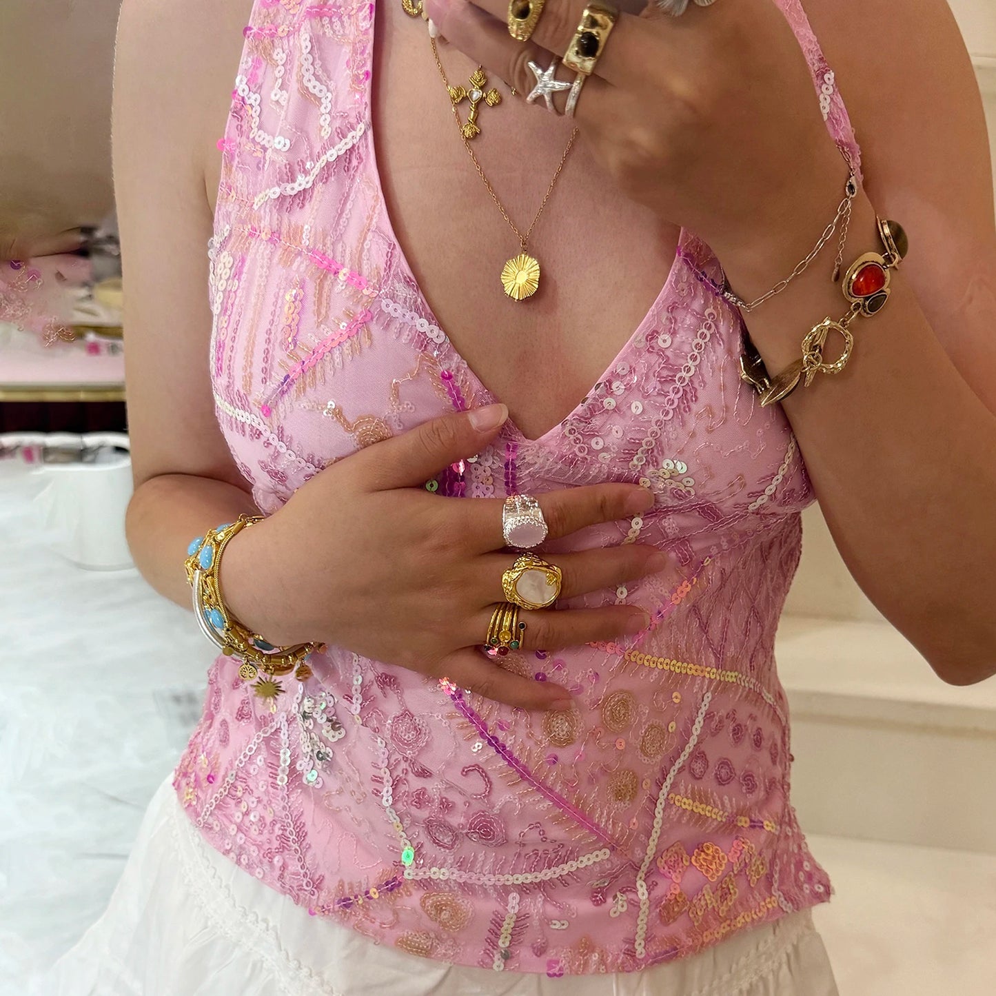 Elegant Sequined Halter Neck Top with V-Neck and Sleeveless Design Perfect for Summer Parties and Events Flattering  Fit