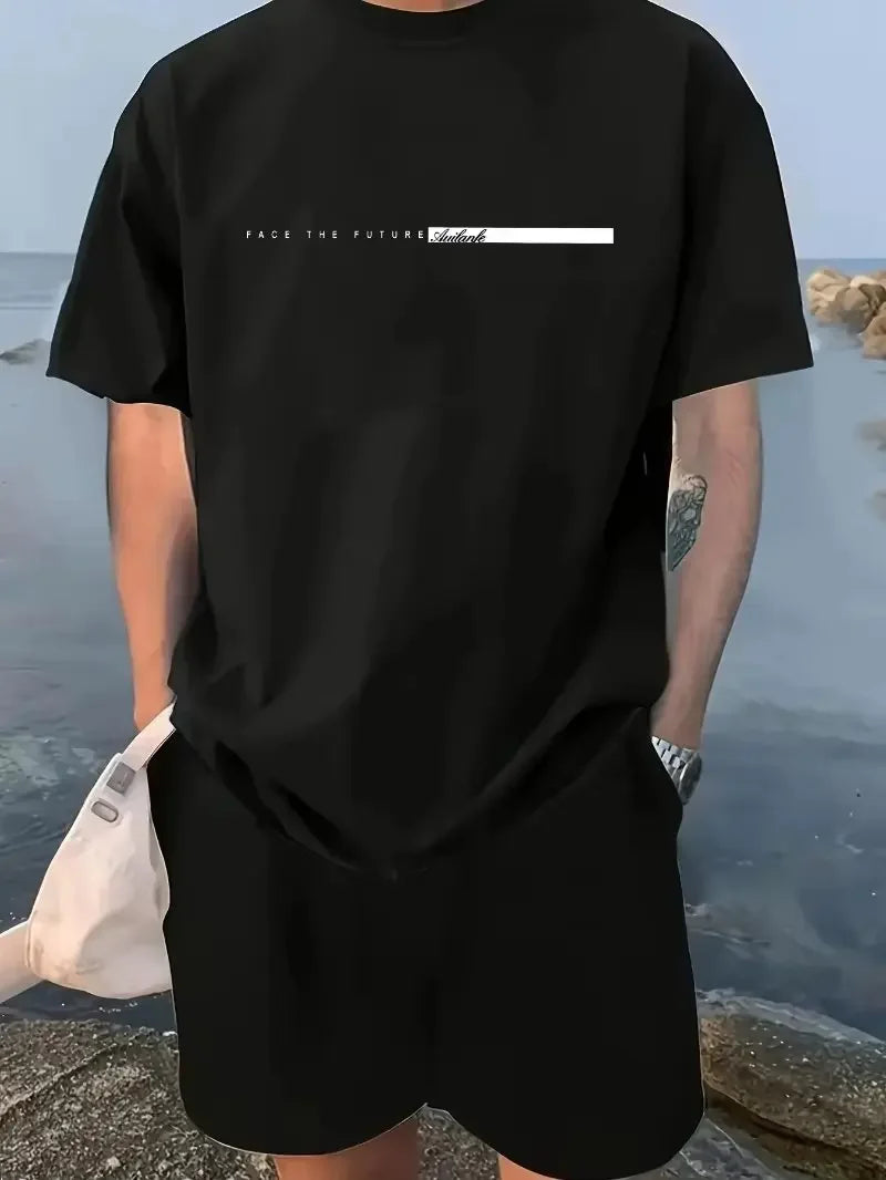 Men's 100 Cotton T-shirt Set Casual Oversized Set Paris Letter Printed Loose Round Neck Short Sleeved T-shirt+shorts Two-piece