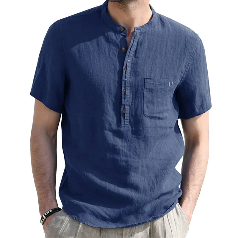 Men s Casual  Fit Short Sleeve Linen Henley Shirt Lightweight Breathable Solid Color Summer Tee Top with Round Neck