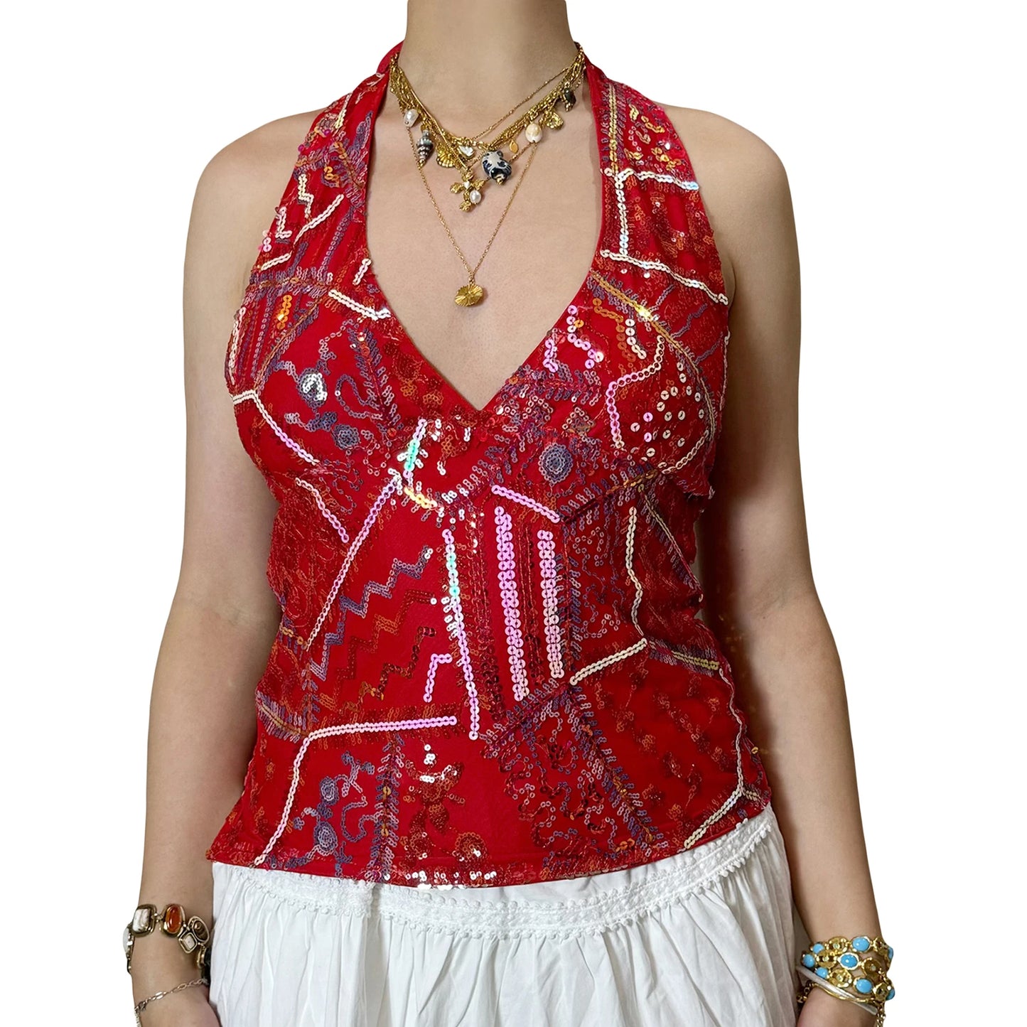 Elegant Sequined Halter Neck Top with V-Neck and Sleeveless Design Perfect for Summer Parties and Events Flattering  Fit