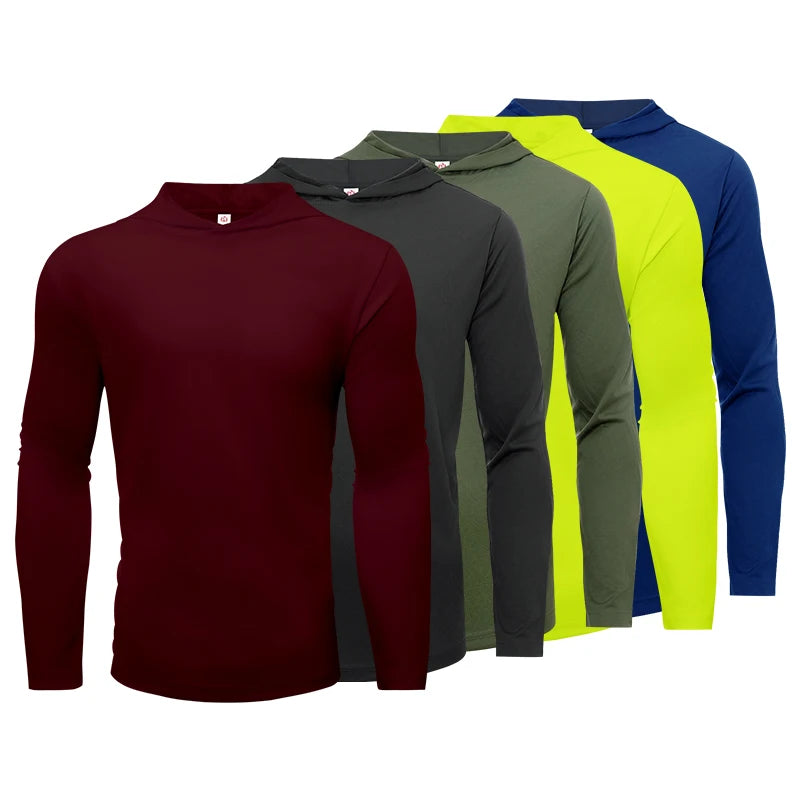 Men's five piece sports long sleeved T-shirt, hooded solid color breathable sports shirt, suitable for running and fitness