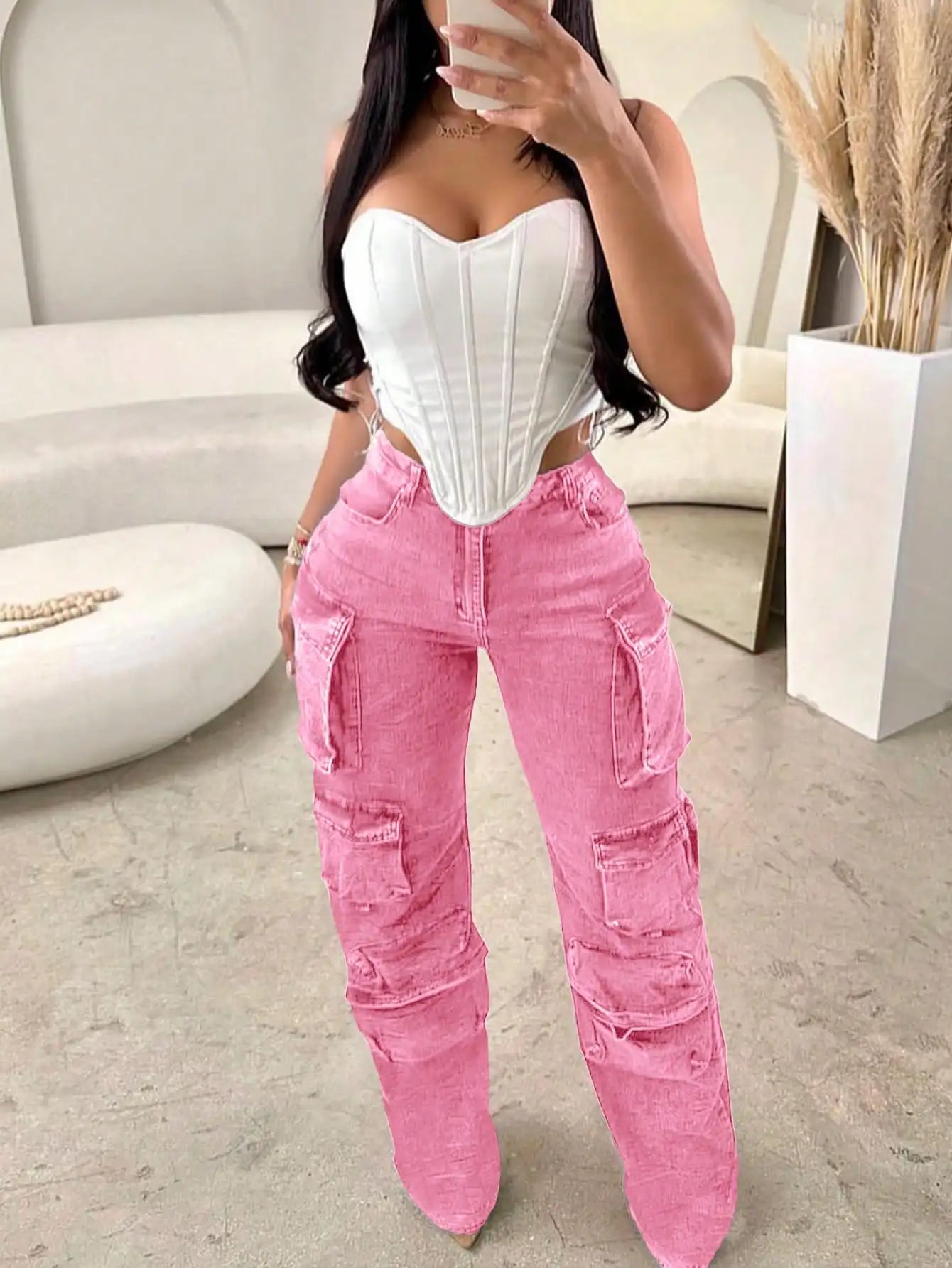 2025 Summer Women's Pink Cargo JeansHigh-Rise Pear-Shaped Wide-Leg Pants with Pockets Street Style Casual Sportswear Outdoor