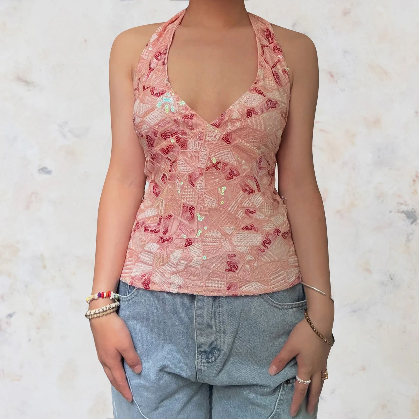 Elegant Sequined Halter Neck Top with V-Neck and Sleeveless Design Perfect for Summer Parties and Events Flattering  Fit