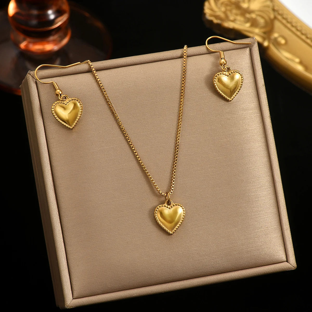 Lxalry 18K Gold Plated Symmetrical Heart Set, Hypoallergenic Necklace & Earrings, Mirror Polish, Never-Fade