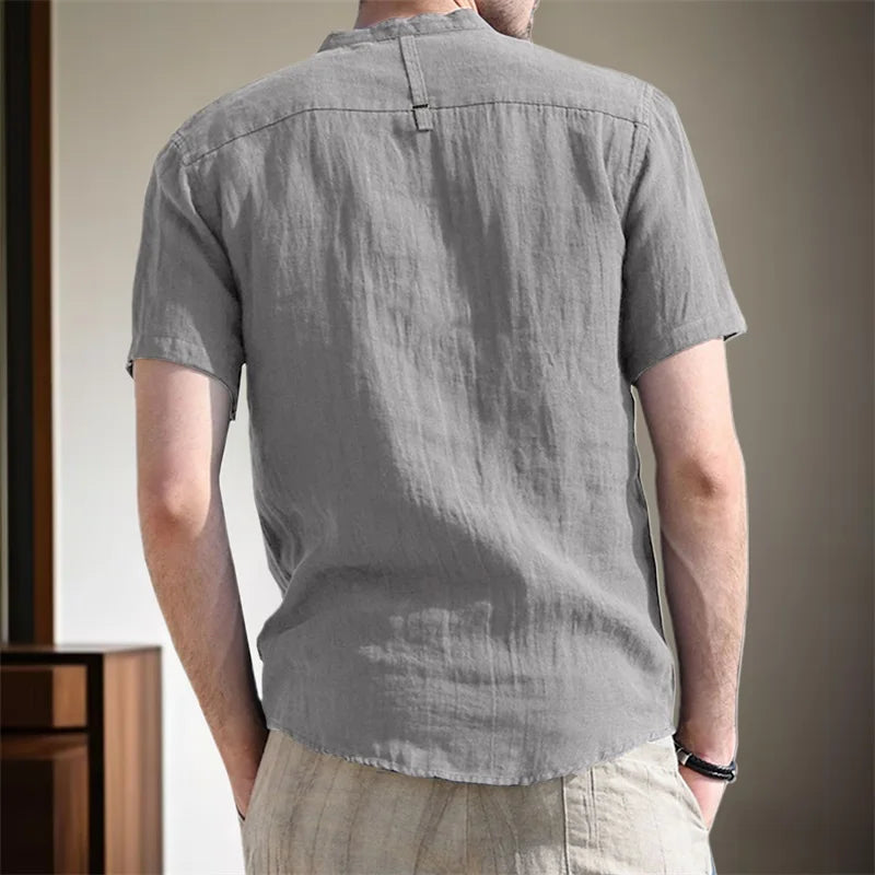 Men s Casual  Fit Short Sleeve Linen Henley Shirt Lightweight Breathable Solid Color Summer Tee Top with Round Neck