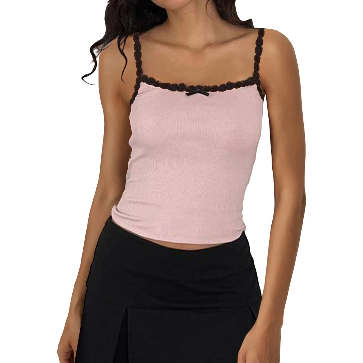 Women Summer Crop Camisole Casual Lace Trim Spaghetti Strap Tank Tops Sleeveless T-Shirt for Streetwear Clubwear