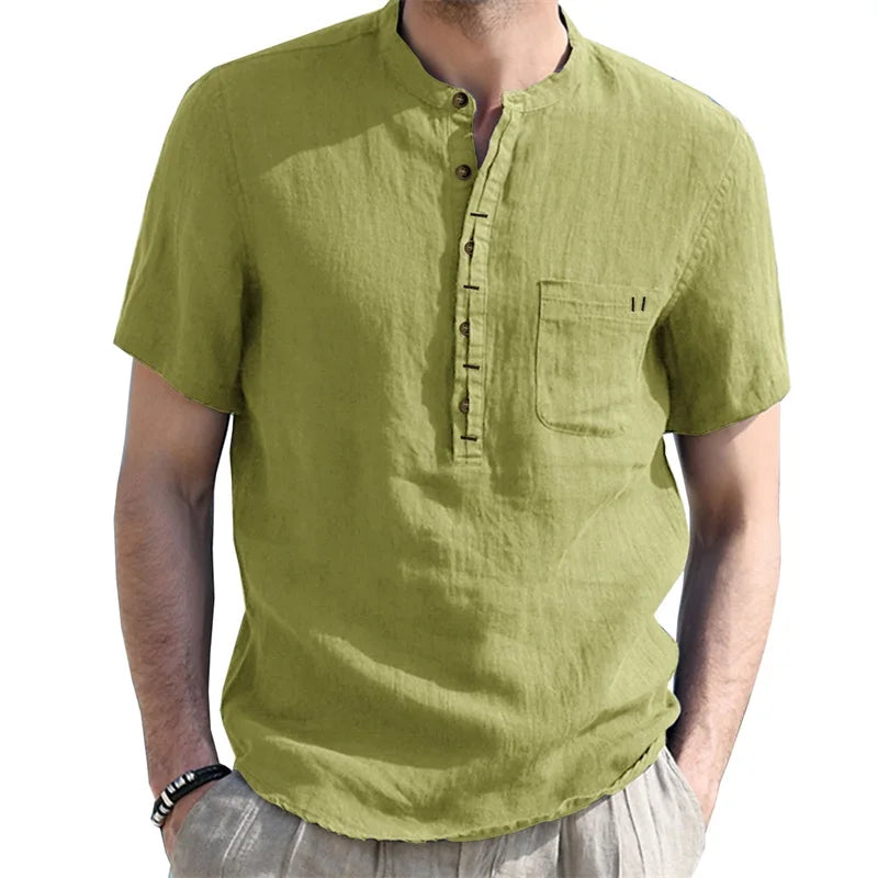 Men s Casual  Fit Short Sleeve Linen Henley Shirt Lightweight Breathable Solid Color Summer Tee Top with Round Neck