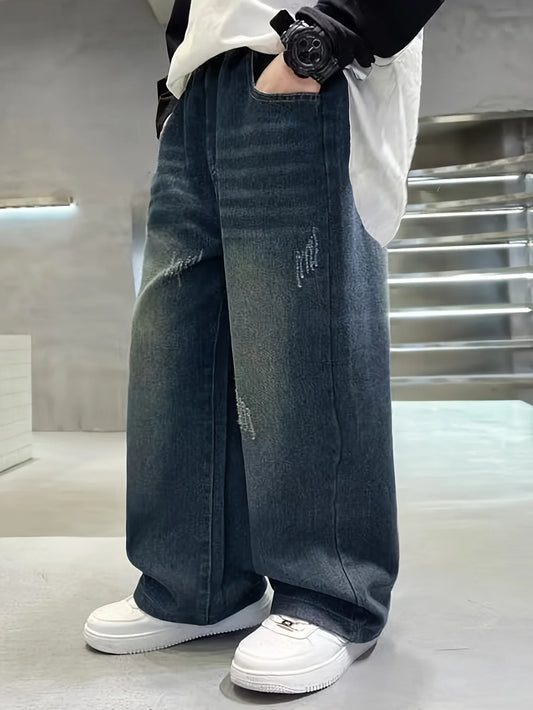 Vintage-washed gradient wide-leg straight-leg relaxed-fit preppy-style long denim jeans for teenage