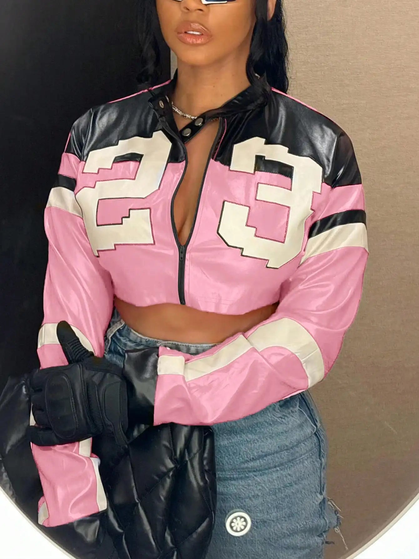 2025 Women's Faux Leather Jacket Short Red Coat Zipper Bomber Jacket Edgy Motorcycle Style Party Tops Casual Outfit Clubwea