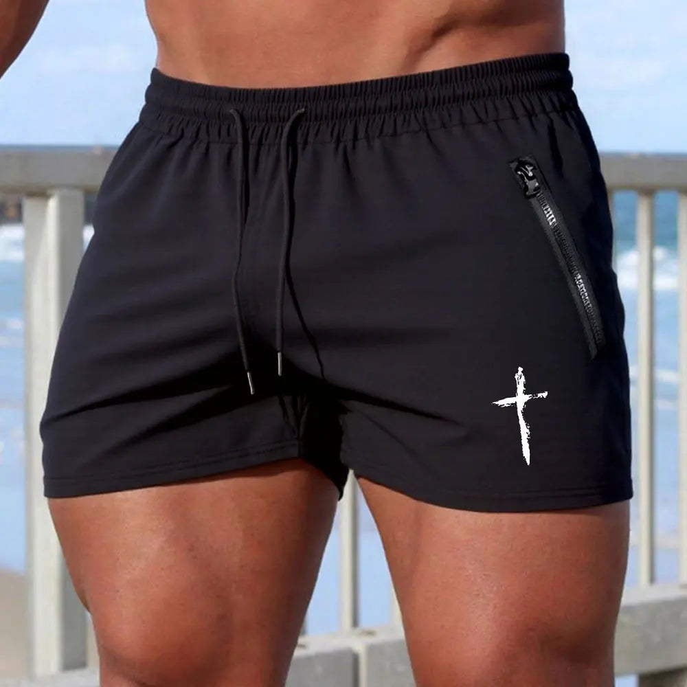 Men's Cross Print Beach Shorts Summer Quick Dry Side Double Zipper Pockets Design Running Basketball Training Gym Shorts