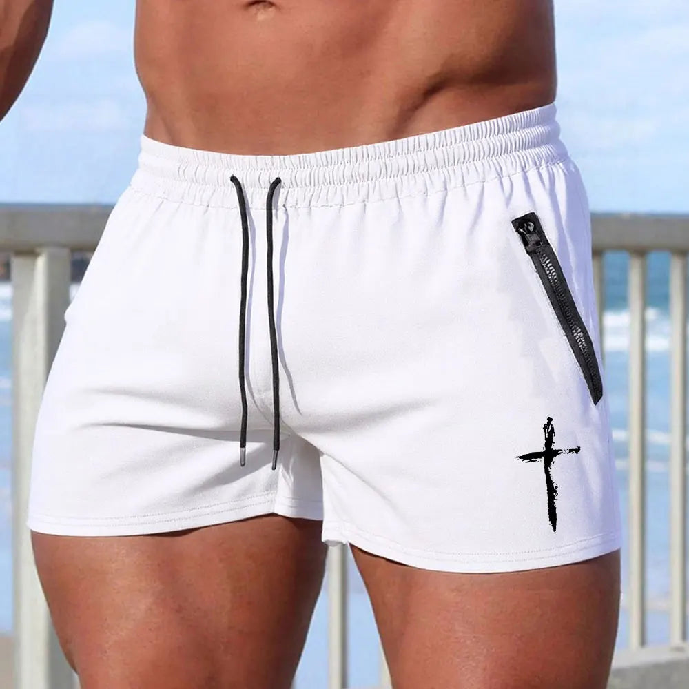 Men's Cross Print Beach Shorts Summer Quick Dry Side Double Zipper Pockets Design Running Basketball Training Gym Shorts
