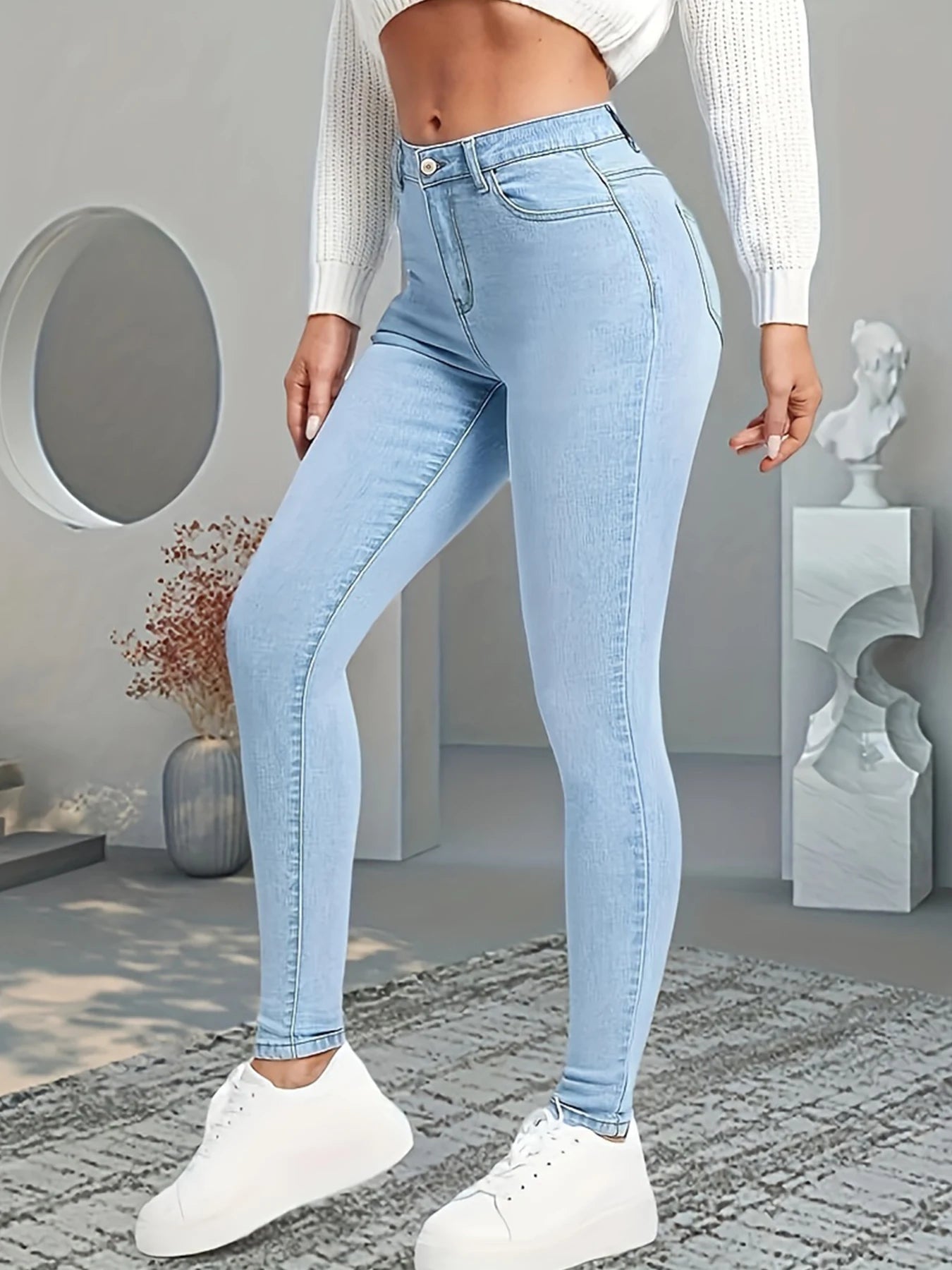Women's High Waisted Elastic Slim Fit Jeans Slanted Pockets Washed Blue High-Quality Comfortable Fit Suitable for Daily Wea
