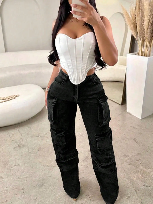 2025 Newest Women's Cargo Jeans High Waist Cargo Pants Y2k Loose Wide Leg Jeans with Flap Pockets