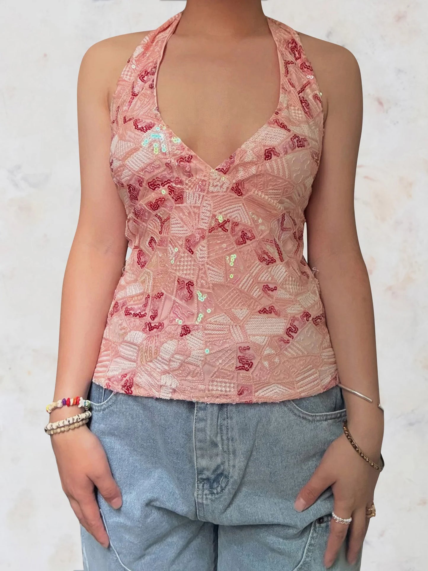 Elegant Sequined Halter Neck Top with V-Neck and Sleeveless Design Perfect for Summer Parties and Events Flattering  Fit