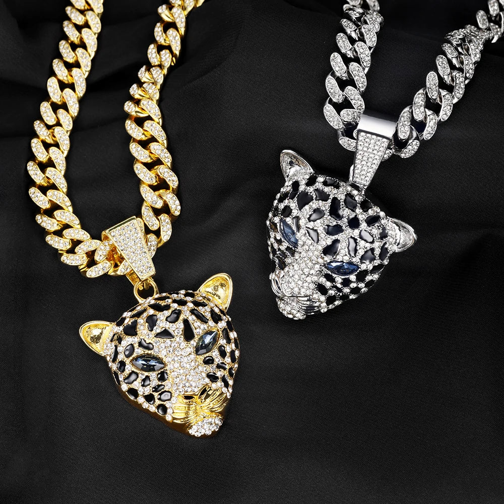 Leopard Necklace Zinc Alloy Diamond Leopard Head Pendant Personalized Luxury Cuban Chain Hip Hop Jewelry for Men and Women USA