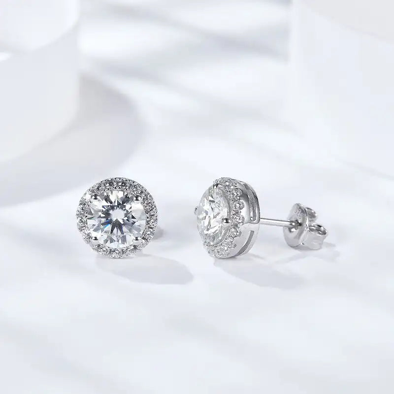 925 sterling silver  Stud Earrings For Women | Sterling Silver Stud Earrings with Round Cut Crystals, Mozambique diamond Earring