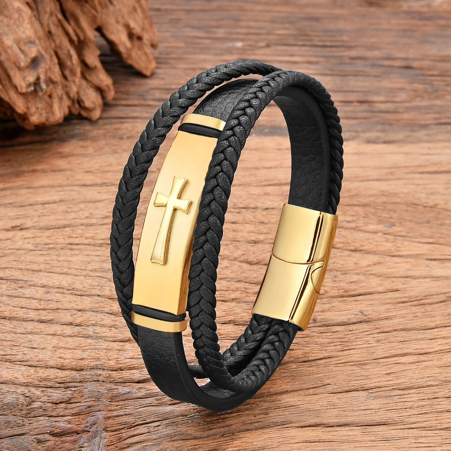 Black Gold Plated Cross Stainless Steel Bracelet for Men, Weaving Leather Chain Jewelry Accessory, Punk Bracelets, High Quality