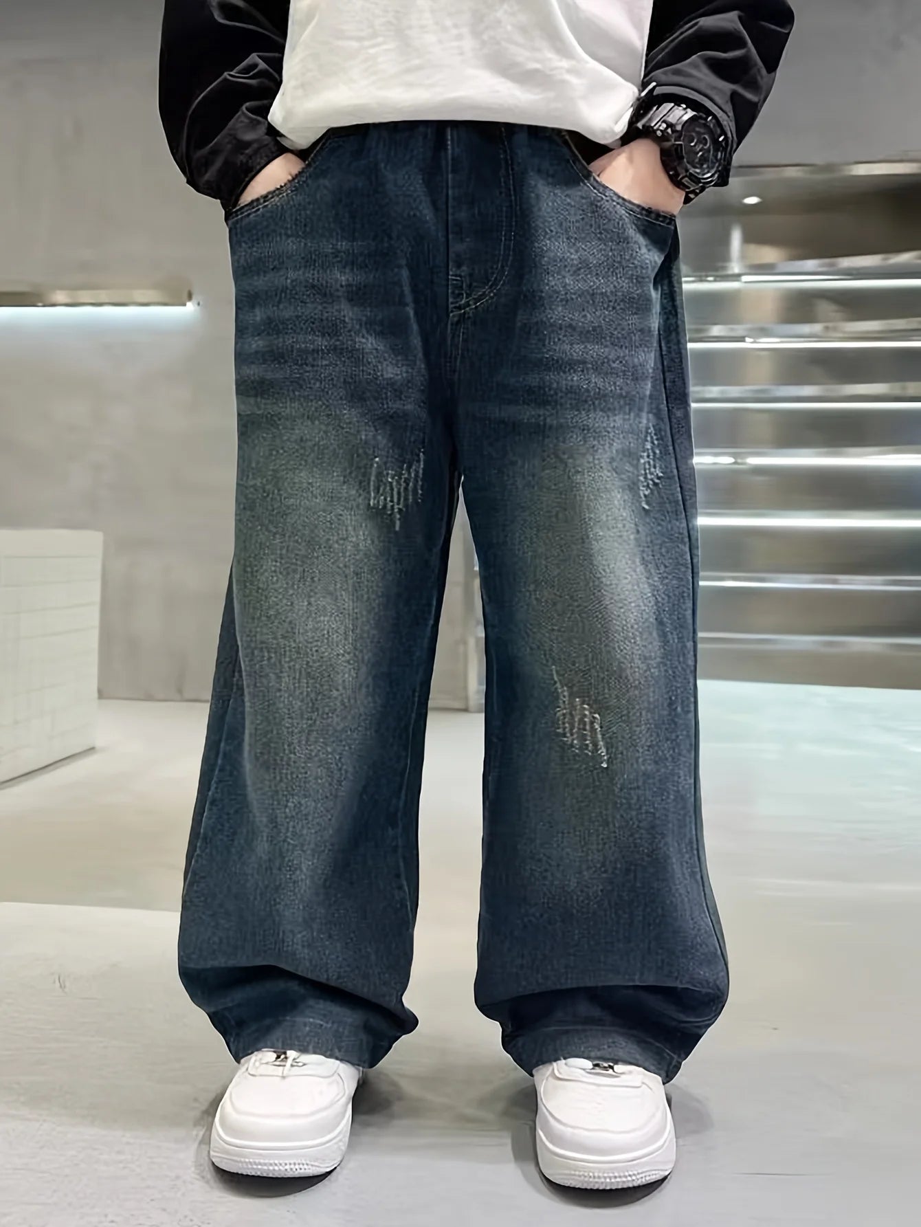 Vintage-washed gradient wide-leg straight-leg relaxed-fit preppy-style long denim jeans for teenage