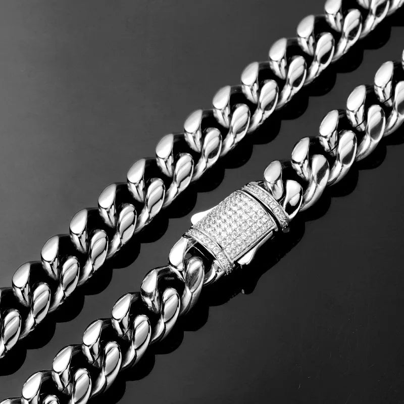 6-14mm Stainless Steel Round Cuban Miami Chains Necklaces CZ Zircon Box Lock  Heavy Link Chain for Men Hip Hop Rapper jewelry