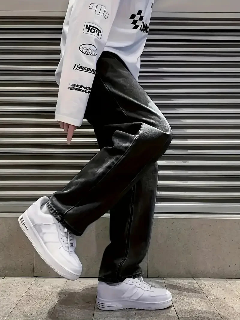 Men's Loose Fit Straight Leg Jeans - 65% Cotton 35% Polyester Blend, Dark Gray Casual Washed Jeans, 390gsm Heavyweight Fabric, A