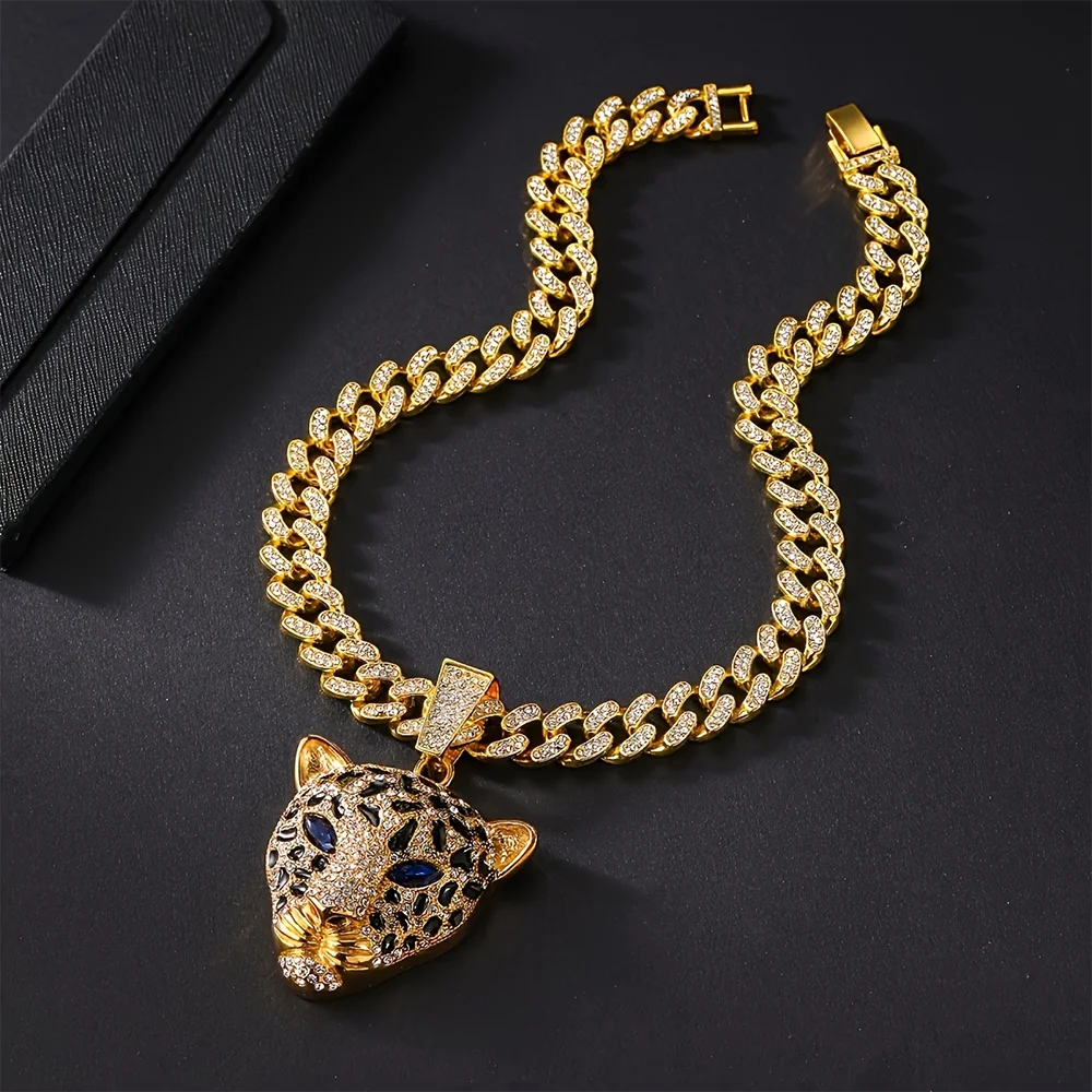 Leopard Necklace Zinc Alloy Diamond Leopard Head Pendant Personalized Luxury Cuban Chain Hip Hop Jewelry for Men and Women USA