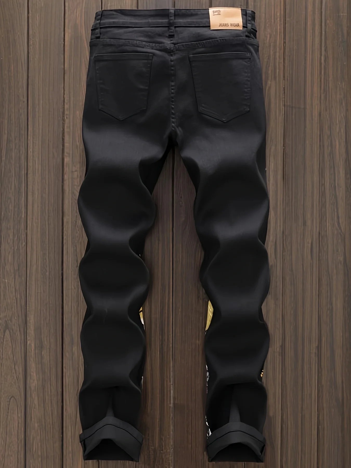 Men's patchwork color matching multi-tie micro-elastic black denim small straight jeans