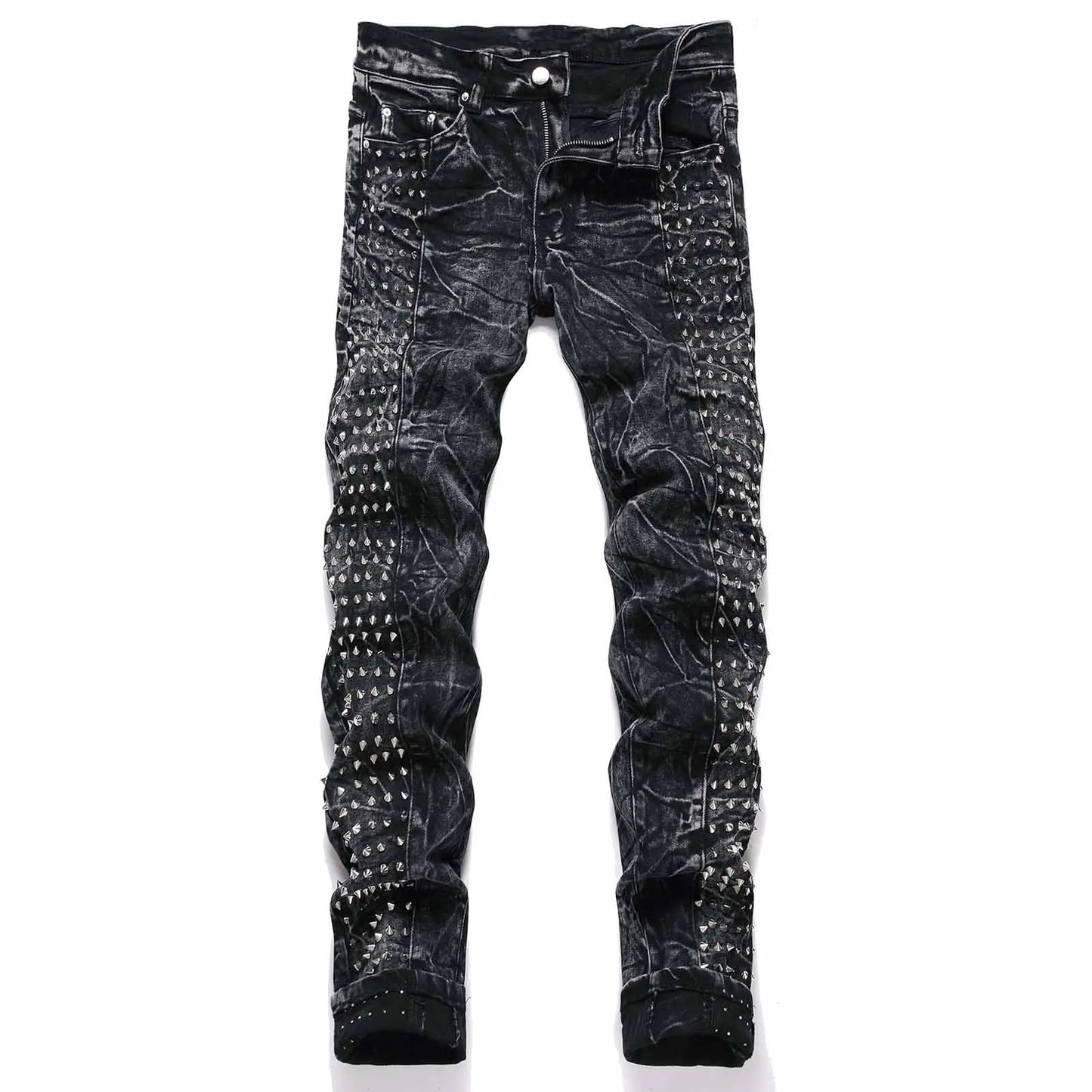 Men`s Steampunk Motorcycle Retro Studded Rock Night Club Jeans Pants with Rivet Hip Hop