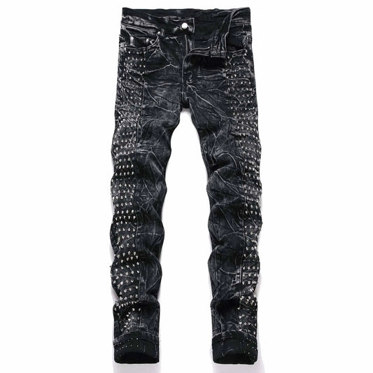 Men`s Steampunk Motorcycle Retro Studded Rock Night Club Jeans Pants with Rivet Hip Hop