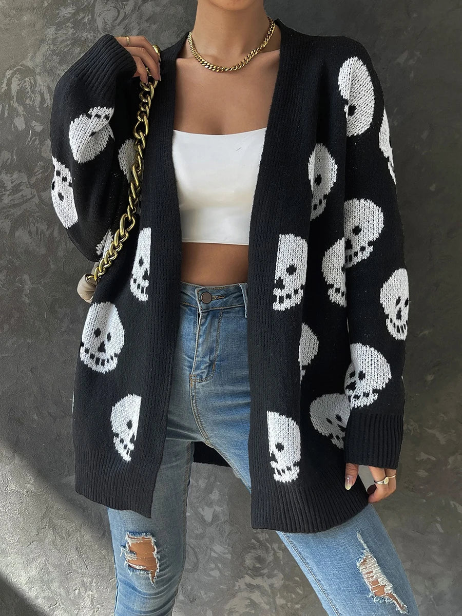 Women s Halloween Casual Knit Cardigan Long Sleeve Open Front Skull Print Knitwear Sweater