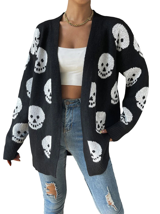 Women s Halloween Casual Knit Cardigan Long Sleeve Open Front Skull Print Knitwear Sweater