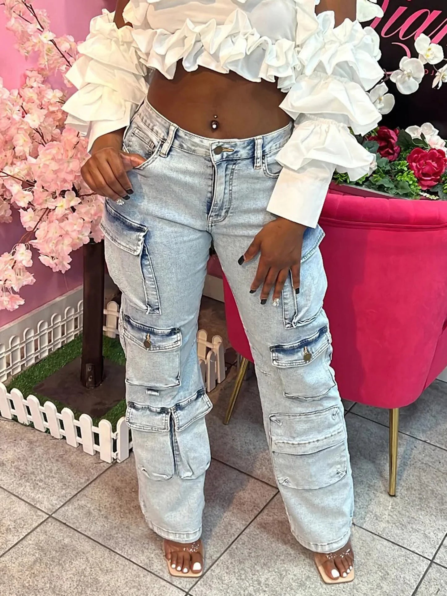 Ladies Classic Straight Leg Cargo Jeans with Mid Rise and Solid Color Denim - Stylish Casual Trousers for Everyday Wear