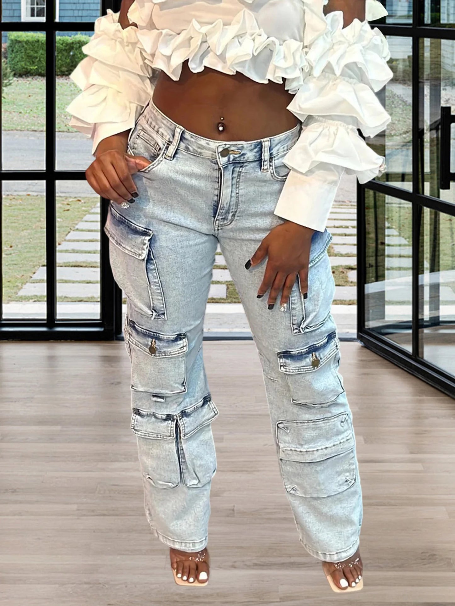 Ladies Classic Straight Leg Cargo Jeans with Mid Rise and Solid Color Denim - Stylish Casual Trousers for Everyday Wear